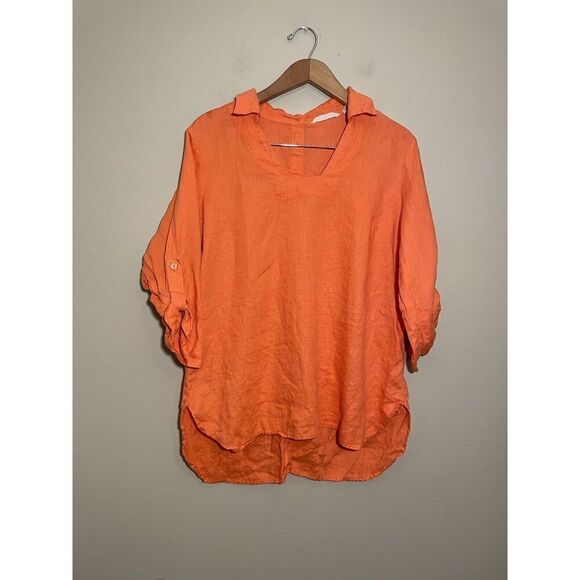 SOFT SURROUNDINGS Morgana Linen Tunic Top Orange Collar Back Button Petite Large - Picture 2 of 6